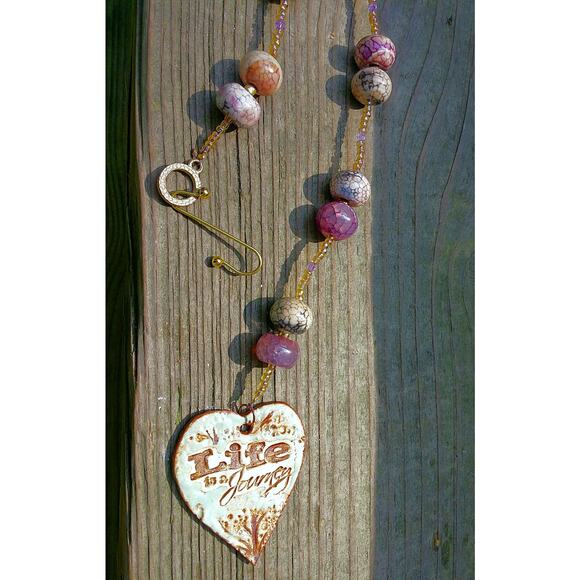 Artisan Life is a Journey Suncatcher Beaded Glass Whimsical Ceramic Heart Purple - Picture 1 of 15